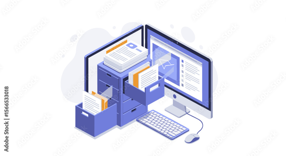Isometric office organization vector illustration: digital workspace and document management design for posters Isometric office organization vector illustration: digital workspace and document management design for posters