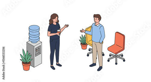 Office interaction with water cooler and chairs vector illustration - flat style design for workplace concepts