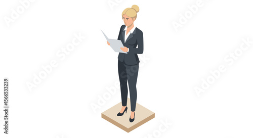 Businesswoman analyzing documents isometric vector illustration