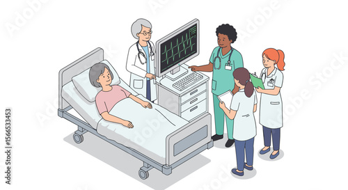 Medical team monitoring patient's heartbeat in hospital room - vector illustration for healthcare design