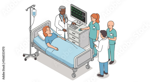 Hospital ward scene with doctors and patient in bed - healthcare vector illustration for medical guides and posters