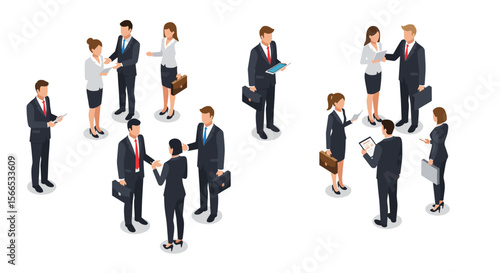 Business team interaction isometric vector illustration for corporate design