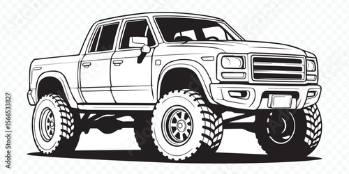 detailed vector illustration of a lifted pickup truck with offroad tires and heavy-duty suspension