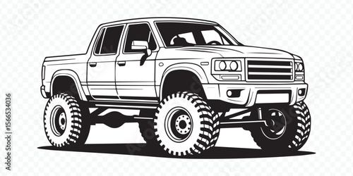 black and white contour drawing of a lifted truck showcasing robust chassis and suspension details