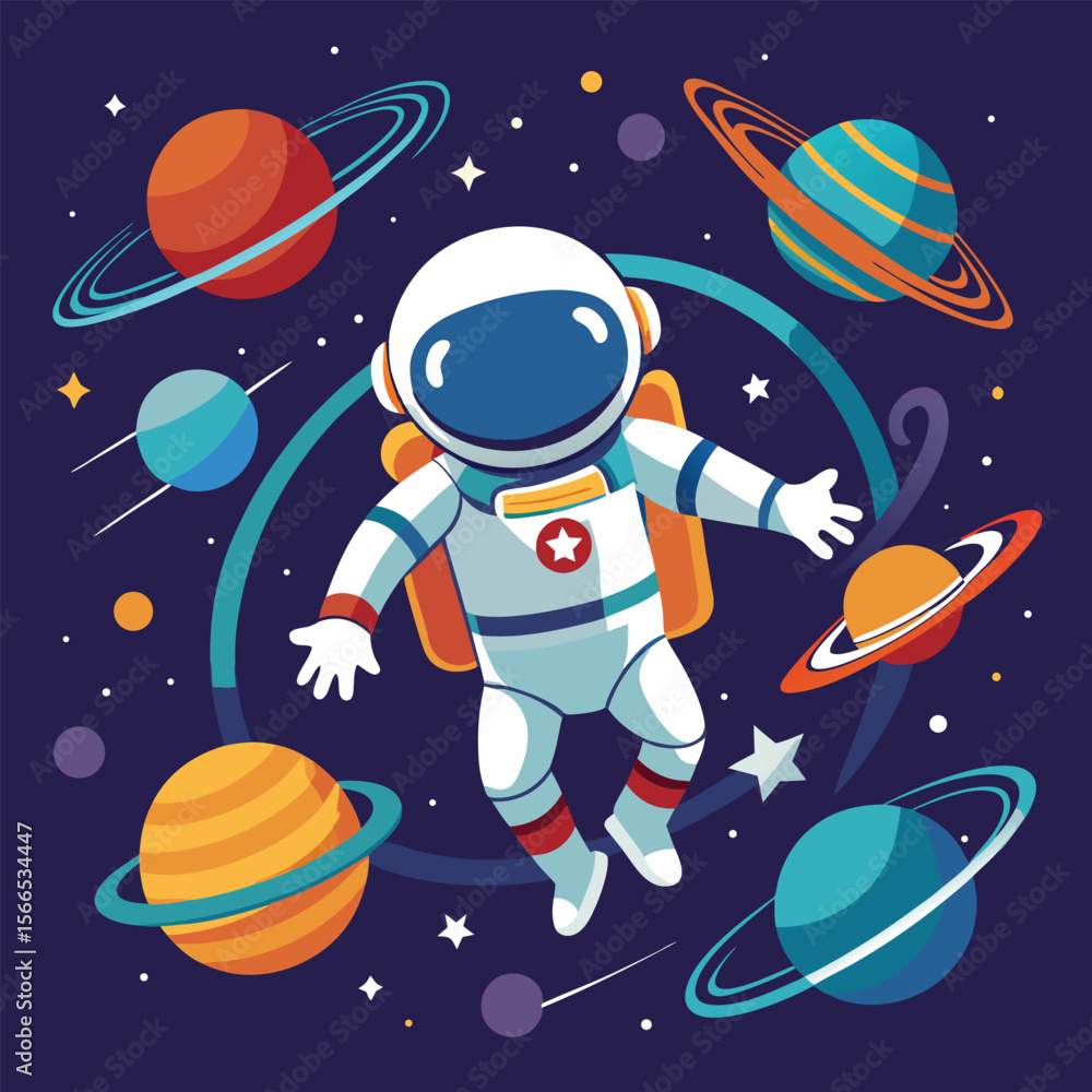Fototapeta premium Vector art of a cute cartoon astronaut floats amidst a collection of planets
