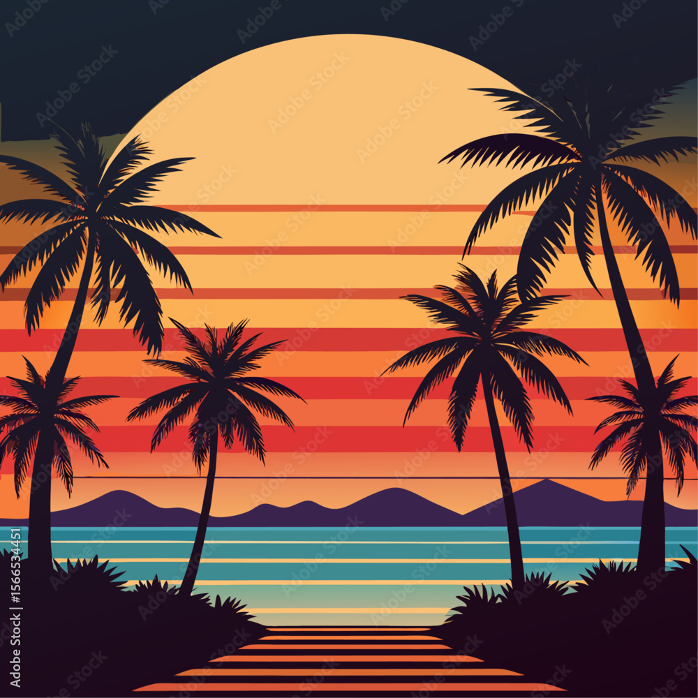 Vector art of silhouette of palm trees at sunset over a calm ocean with stairs leading to the beach, isolated on transparent background Vector art of silhouette of palm trees at sunset over a calm ocean with stairs leading to the beach, isolated on transparent background