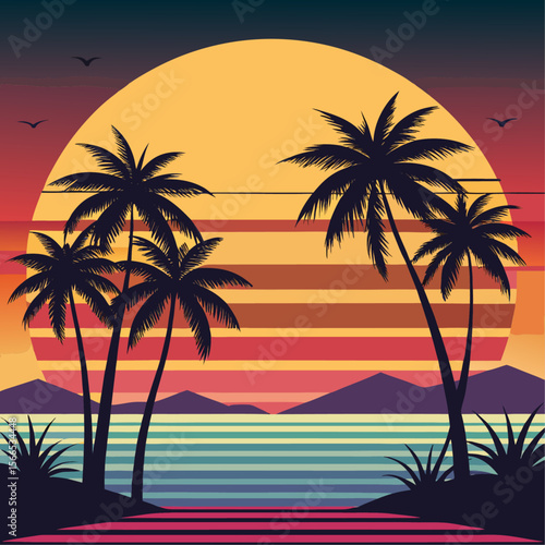 Vector art of silhouette of palm trees at sunset over a calm ocean, isolated on transparent background