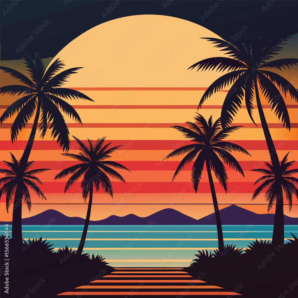 Vector art of silhouette of palm trees at sunset over a calm ocean with stairs leading to the beach, isolated on transparent background Vector art of silhouette of palm trees at sunset over a calm ocean with stairs leading to the beach, isolated on transparent background