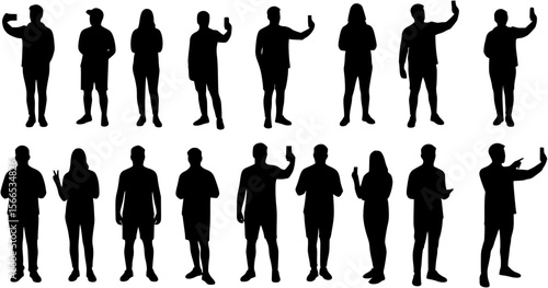 Collection of silhouette people taking selfie in different poses vector set.
