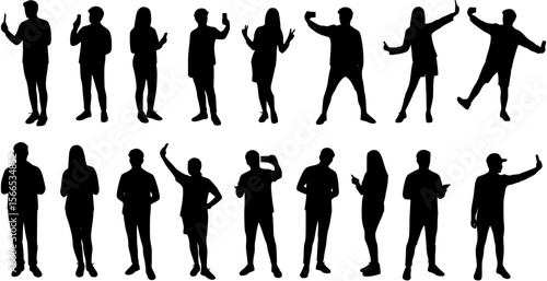 Collection of silhouette people taking selfie in different poses vector set.
