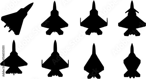 Set of nine top-down view silhouettes of various modern military fighter jets.
