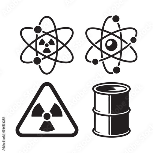 Collection of black and white icons representing atomic structure nuclear radiation hazard symbol and a barrel