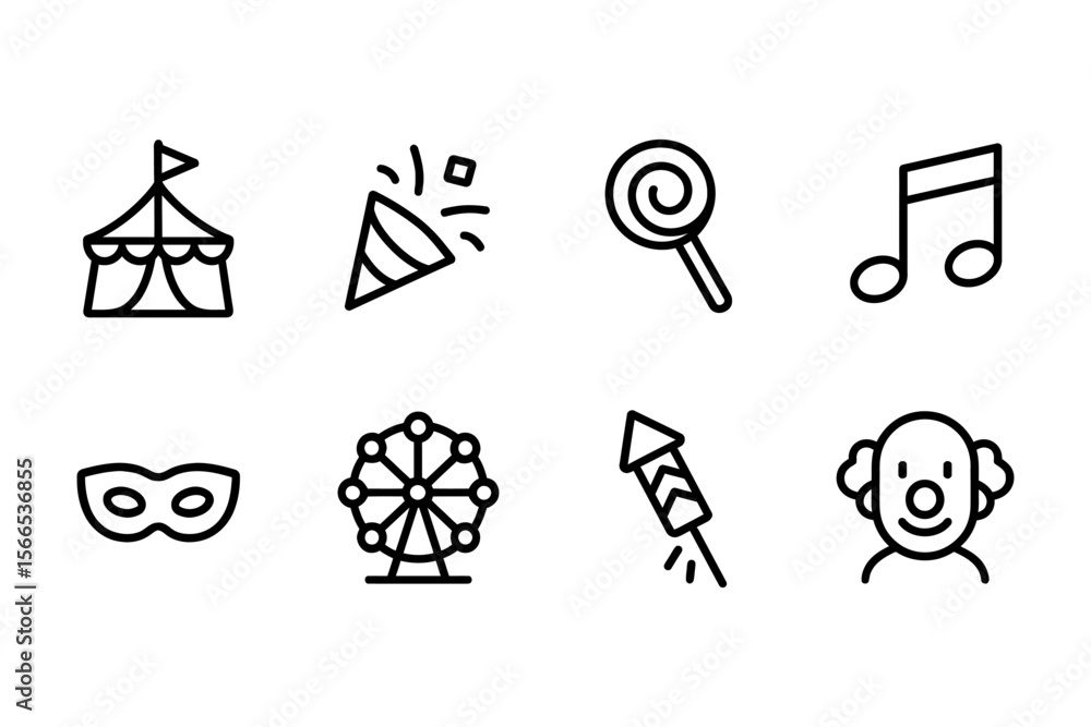 Festive carnival icons including tent, mask, and ferris wheel, vector illustration Festive carnival icons including tent, mask, and ferris wheel, vector illustration