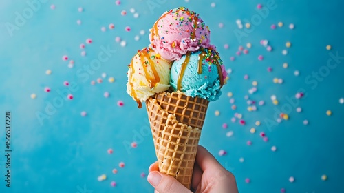 
Joyful Summer Indulgence: A Hand Holding a Triple-Scoop Ice Cream Cone with Sprinkles