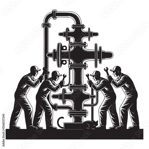 Team of workers in uniform and caps assembling industrial pipeline system with wrenches and a cat nearby
