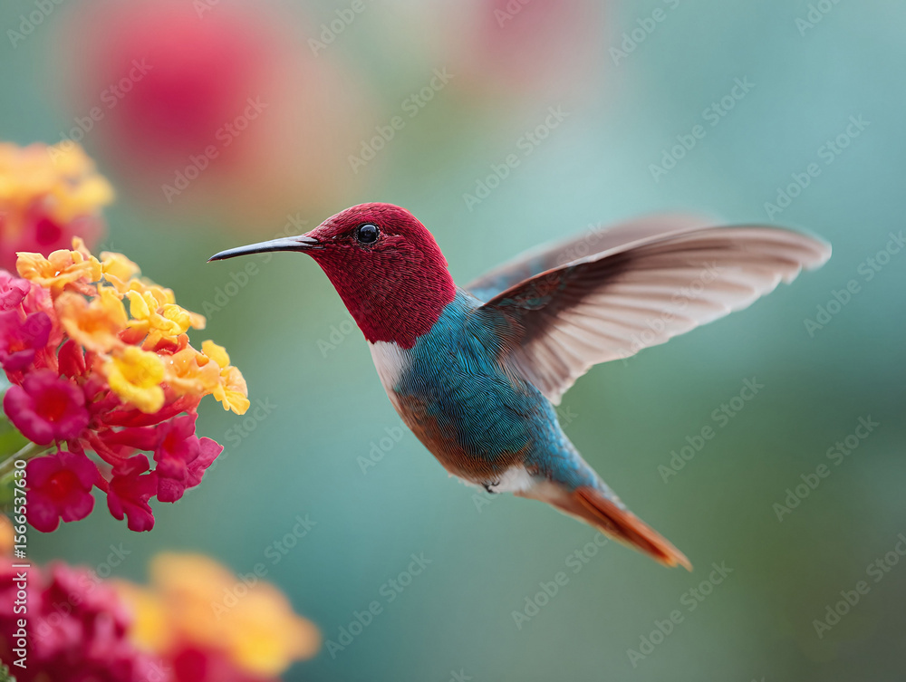 Naklejka premium A colorful hummingbird in flight, delicately approaching vibrant flowers. Symbolizes natures beauty, agility, and pollination. Perfect for wildlife, conservation, and spring themes.