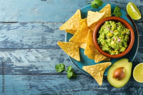 Ultra Hd Image of Guacamole Bowl with Ingredients and Tortilla Chips on Blue Table