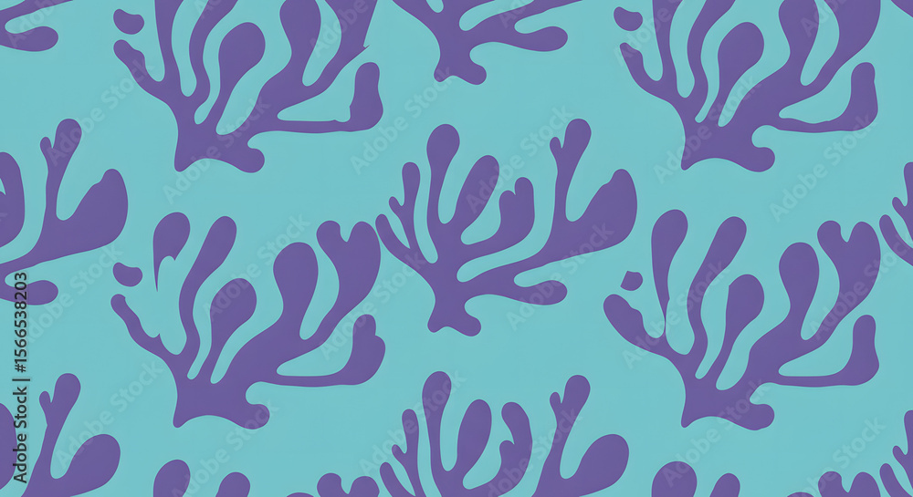 Naklejka premium Seaweed Pattern: An illustration featuring a seamless pattern of stylized seaweed in shades of purple and teal on a light teal background. The design is reminiscent of underwater flora.
