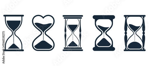 Vector collection of sand watch icons, elegant hourglass symbols in simple style on white background


