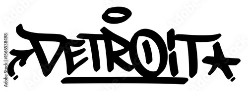 Detroit graffiti tag in bold black lettering on transparent background. Industrial edge with bold rhythm great for urban visuals and gritty street projects