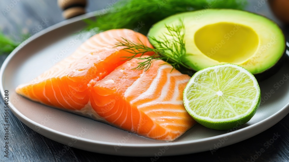 Elegant seafood plate with perfectly sliced salmon, creamy avocado, lime wedge and dill Elegant seafood plate with perfectly sliced salmon, creamy avocado, lime wedge and dill