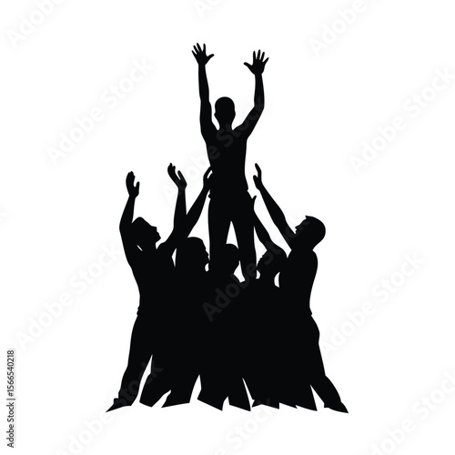 Black silhouette of group lifting one person high up