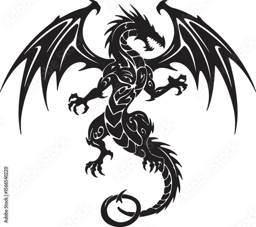 Stylized tribal dragon with spiked tail and open wings, symmetrical and aggressive pose, solid black ink, perfect for tattoo stencil, white background Adobe Illustrator Artwork