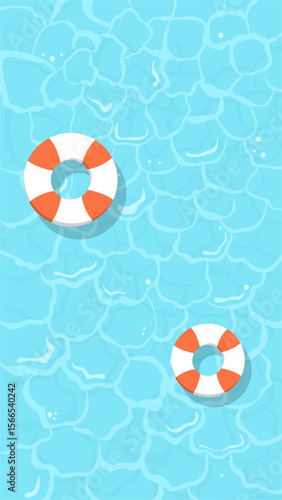 Lifebuoy Floating on Swimming Pool Water. Blue Ocean in Summer Season