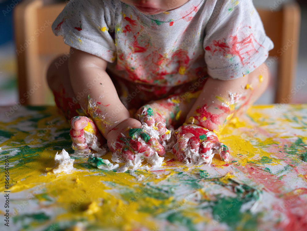 Fototapeta premium Joyful exploration A baby engrossed in messy play, tactile experience with vibrant colors, fostering creativity and sensory development. Childhood concept.