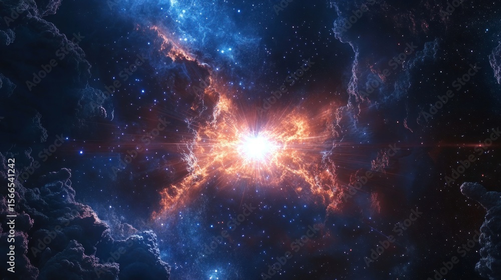 Fototapeta premium Bright cosmic explosion in nebula, stars, and galaxies.