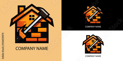 Vector art of a vector logo depicting a hammer hitting a brick on a house, isolated on white background