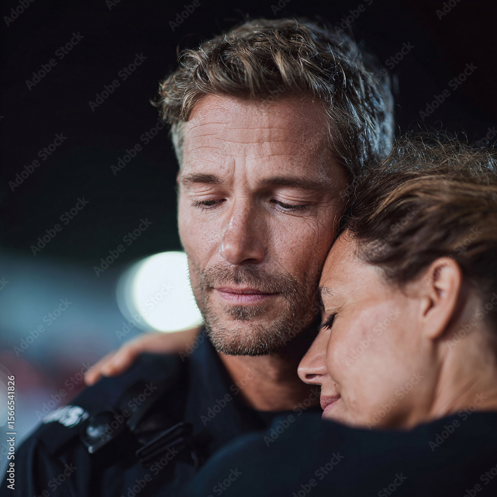 Fototapeta premium Emotional closeup of a male first responder being comforted by a woman, depicting support, empathy, and resilience. Perfect for themes of service, stress, and compassion.