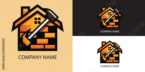 Vector art of a vector logo depicting a hammer hitting a brick on a house, isolated on white background