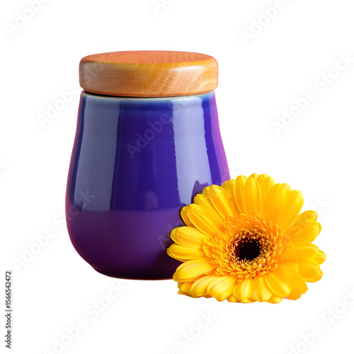 Striking Still Life of a Glossy Purple Ceramic Vessel with Wooden Lid and Yellow Gerbera Daisy, Captured in High Contrast and Sharp Focus for a Bold Visual Composition