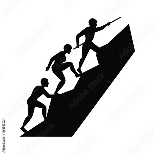 Black silhouettes of three people climbing a steep incline