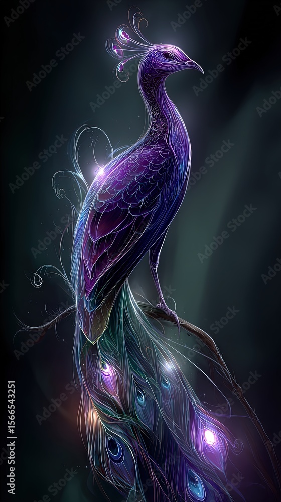 Naklejka premium A vibrant digital illustration of a peacock with glowing feathers