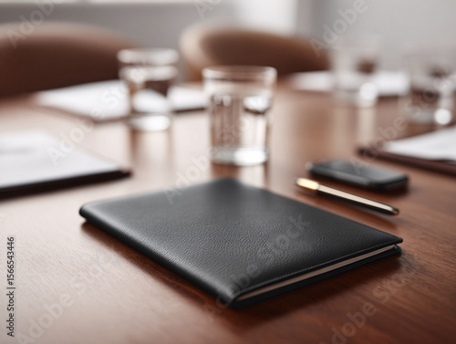 Wallpaper Mural Meetings anticipation. Clean boardroom table with a notebook, pen and phone conveys readiness, planning,  focus. Ideal for corporate themes. Torontodigital.ca