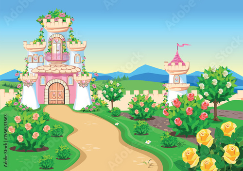 A beautiful rose garden in front of the pink castle of a beautiful princess with a balcony and towers, windows and gates. Vector illustration of fairy tale architecture on the background