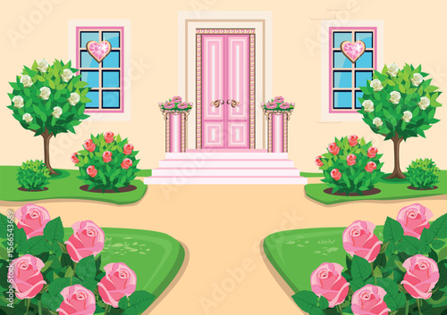 The door to the beautiful pink castle of the beautiful princess is decorated with heart-shaped jewels and a beautiful rose garden. Vector illustration of fairy tale architecture close-up