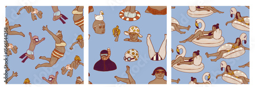 Set of three seamless blue summer patterns. Beach holiday on the seashore. People on vacation illustration