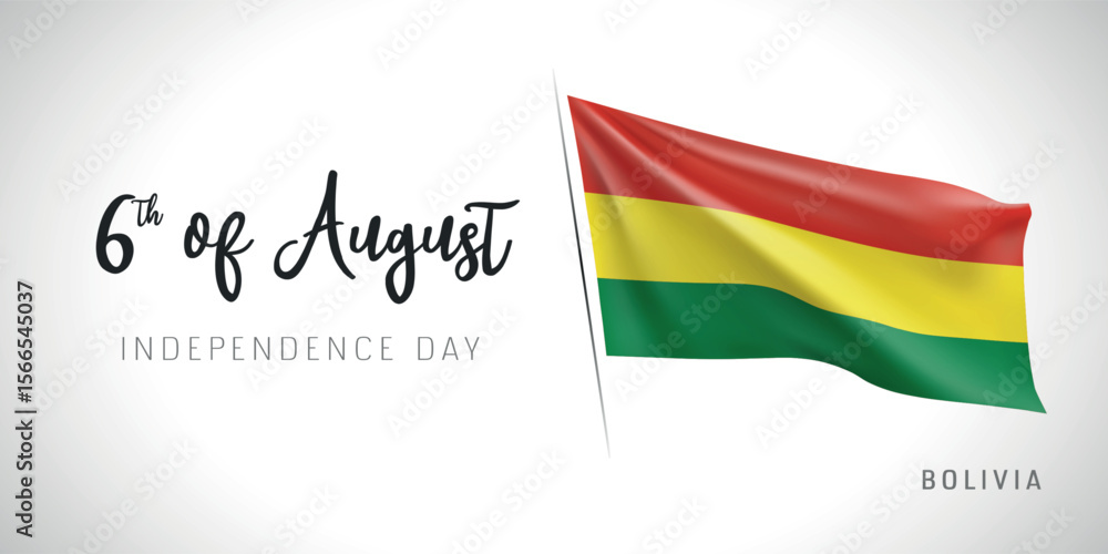 Obraz premium Bolivia independence day vector banner, greeting card. Bolivian wavy flag in 6th of August patriotic holiday horizontal design with realistic flag