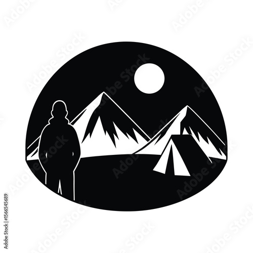 Silhouette person watching mountain sunrise with tent