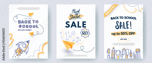 Set of Back to School sale banners, backgrounds. Creative posters with hand drawn illustrations, paper planes, doodle drawings on white checkered notebook paper. Web ad templates, educational concept.