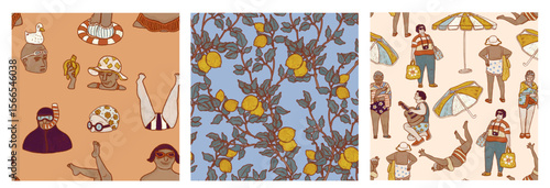 People on the beach and lemon trees folk pattern set. Blue background summer pool collection for textiles in retro style