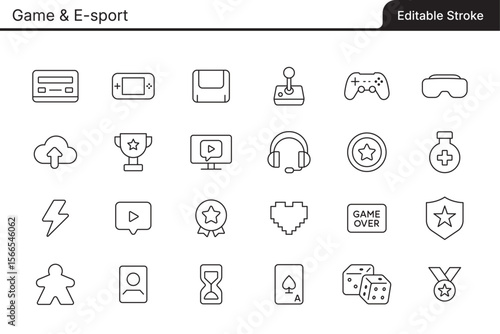 A set of editable line icons related to Game & E-sport. This vector file contains fully editable stroke lines for easy customization