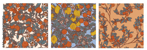 Citrus trees victorian morris style wallpaper. Provence orchard pattern set of three illustrations. Luxurious sunny fruit print