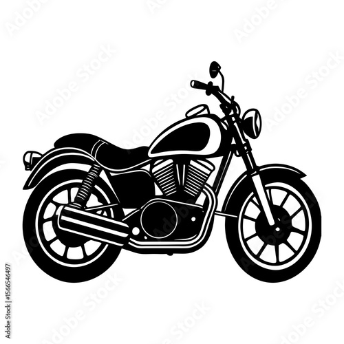 Classic black and white illustration of a custom cruiser motorcycle viewed from the side on a clean white background