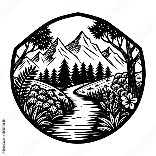 Stylized black and white landscape illustration featuring a winding river flowing through a forest towards majestic mountains framed within a decorative border