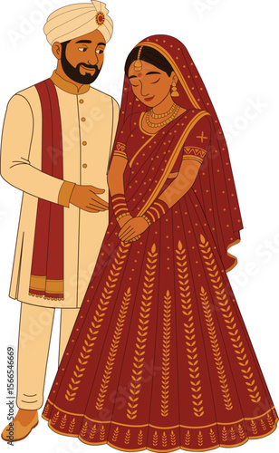 Indian Wedding Couple Illustration Traditional Bride and Groom in Red and Cream Attire