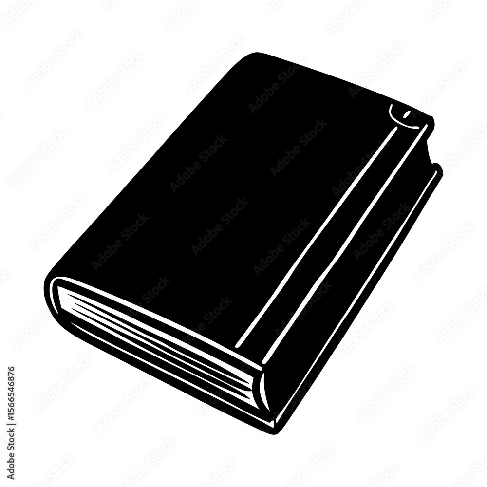 A simple black silhouette of a closed book with a hardcover and visible pages on a white background A simple black silhouette of a closed book with a hardcover and visible pages on a white background
